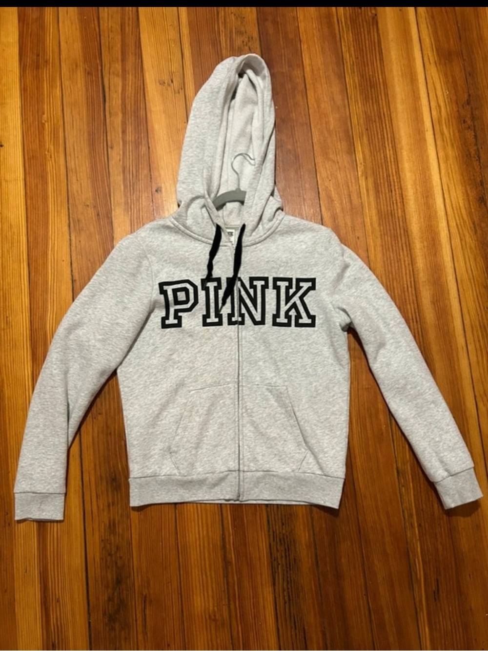 PINK Victoria's Secret Light Gray Full-Zip Hoodie with Black Logo